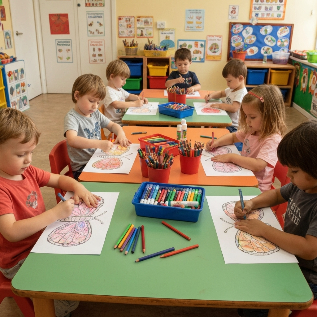 Children doing butterfly coloring activity in preschool