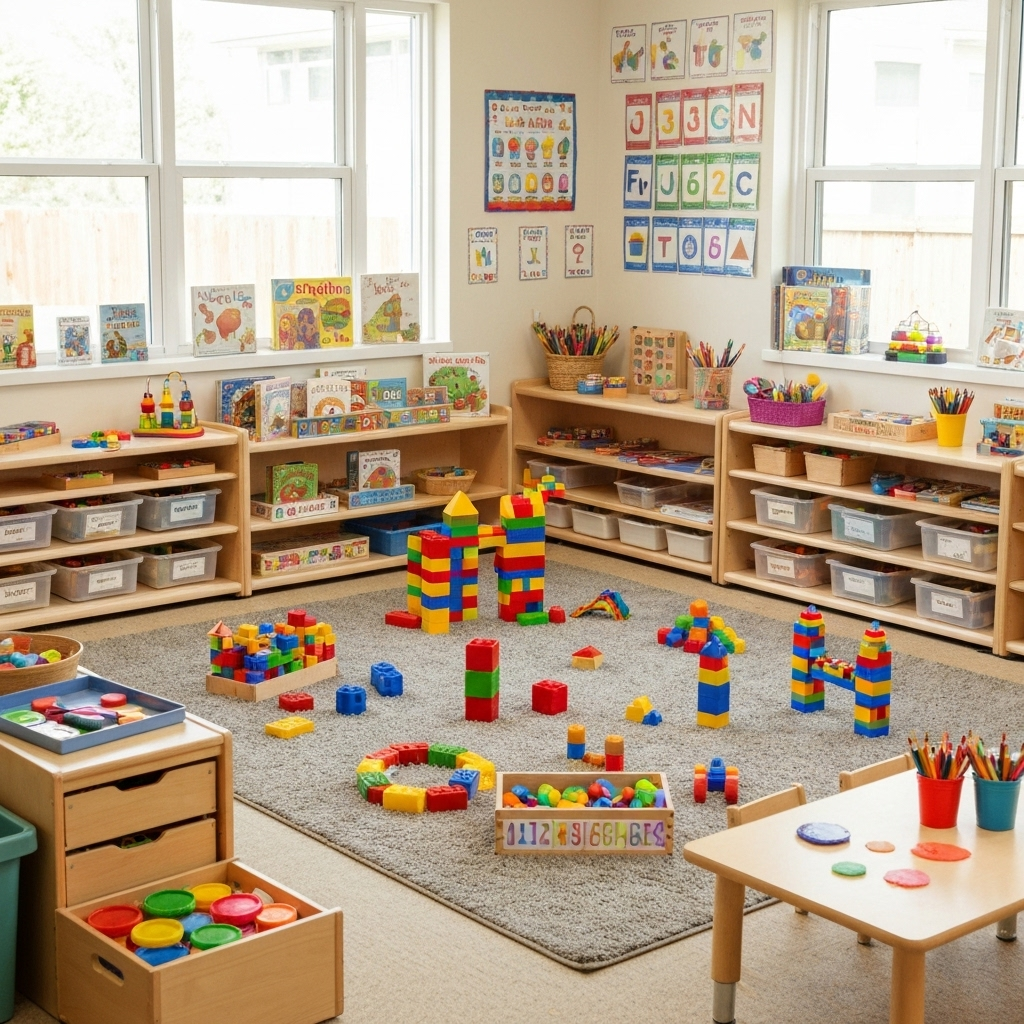 Preschool classroom with educational toys and learning materials