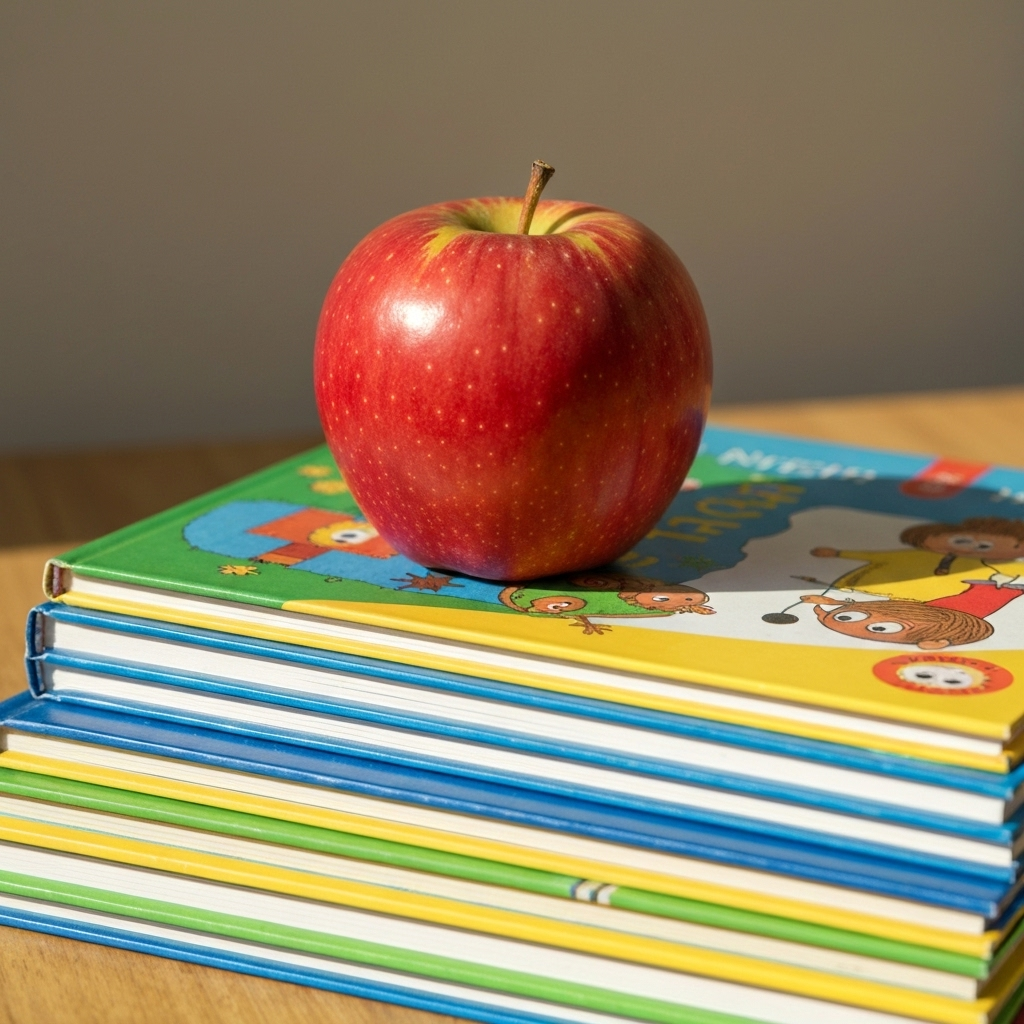 Apple on books with ABC blocks