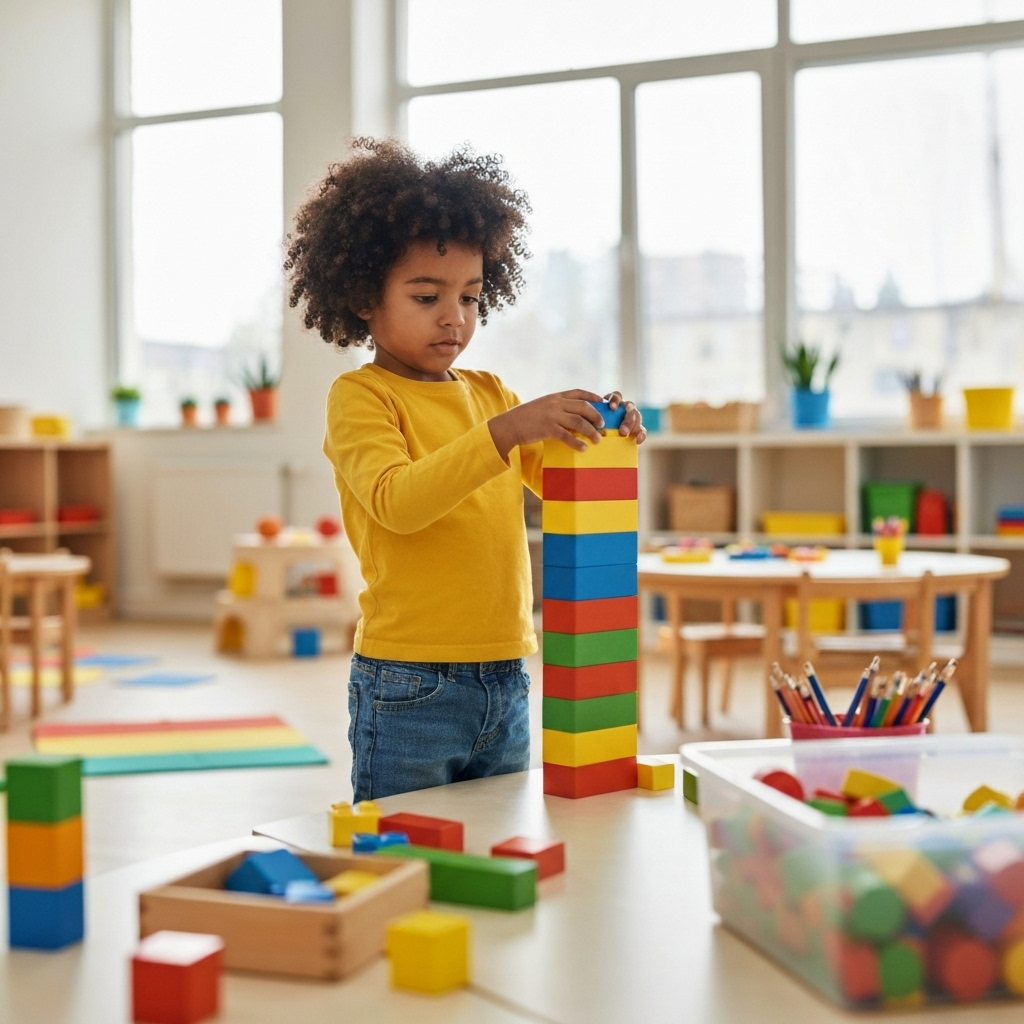 Child stacking colorful letter blocks